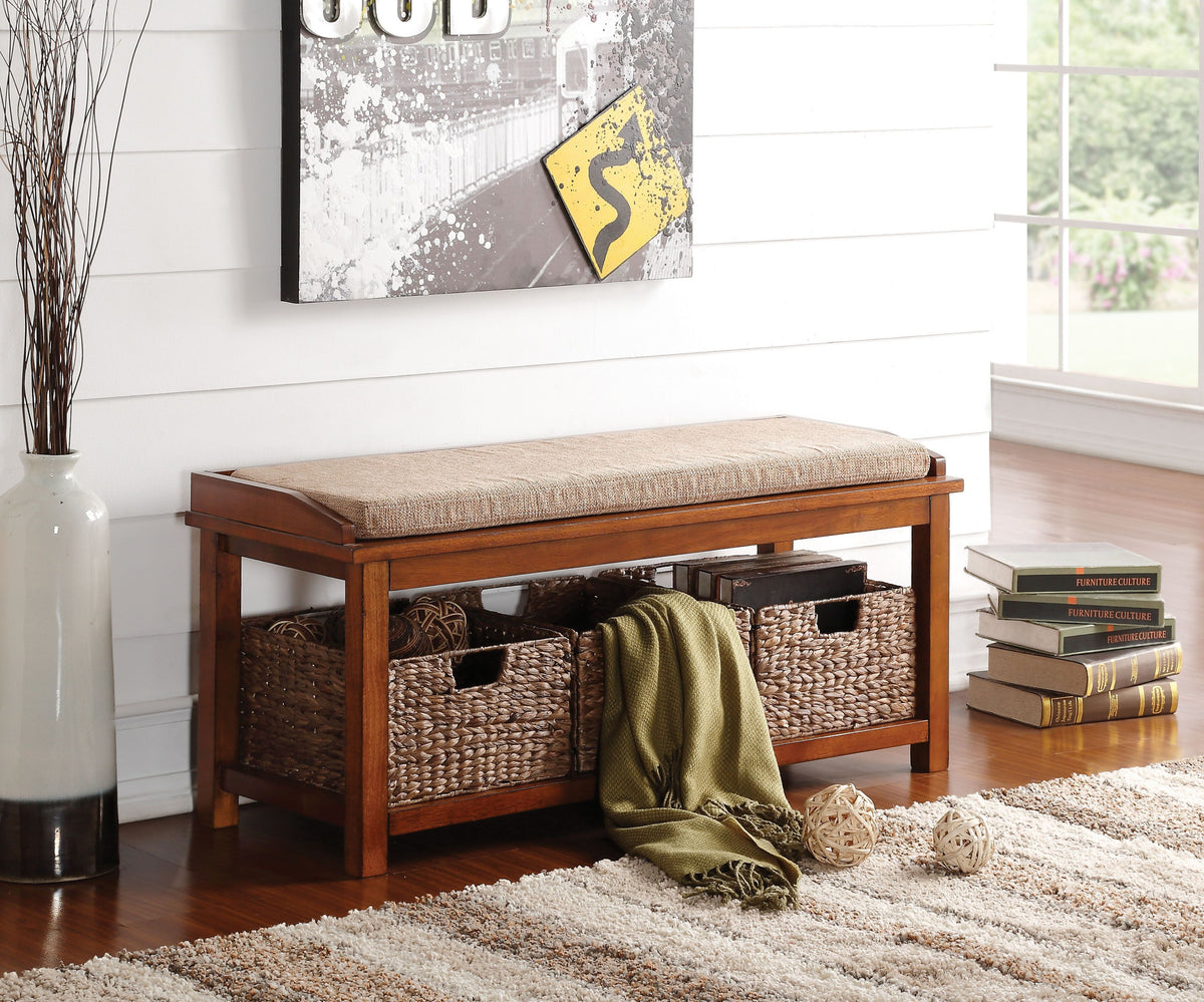 Cushioned Bench with Wicker Basket Storage,bench,Adley & Company Inc.