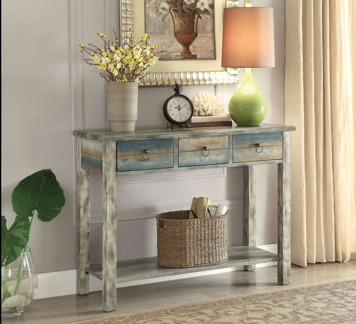 Antique White & Teal Wood Console Table with Drawers,console table,Adley & Company Inc.