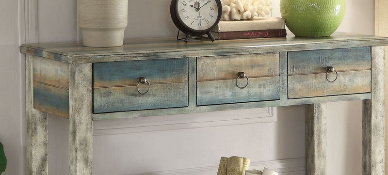 Antique White & Teal Wood Console Table with Drawers,console table,Adley & Company Inc.