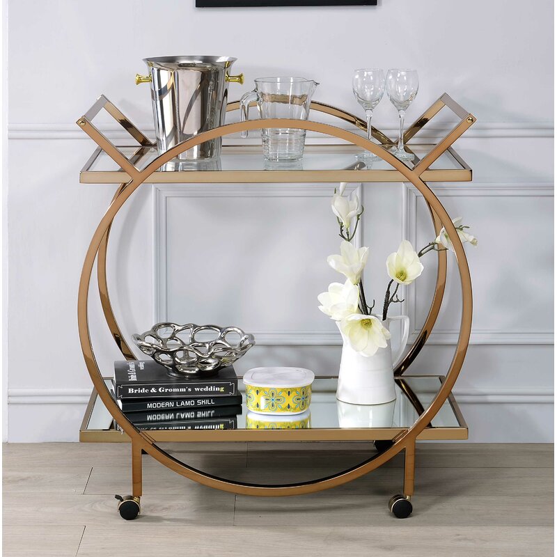 Champagne Gold and Glass Round Bart Cart,bar cart,Adley & Company Inc.