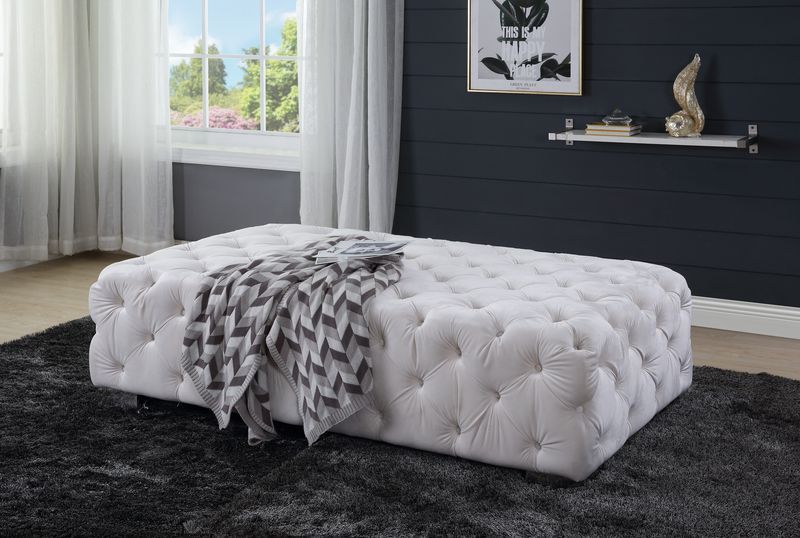 Tufted Off-White Velvet Large Ottoman