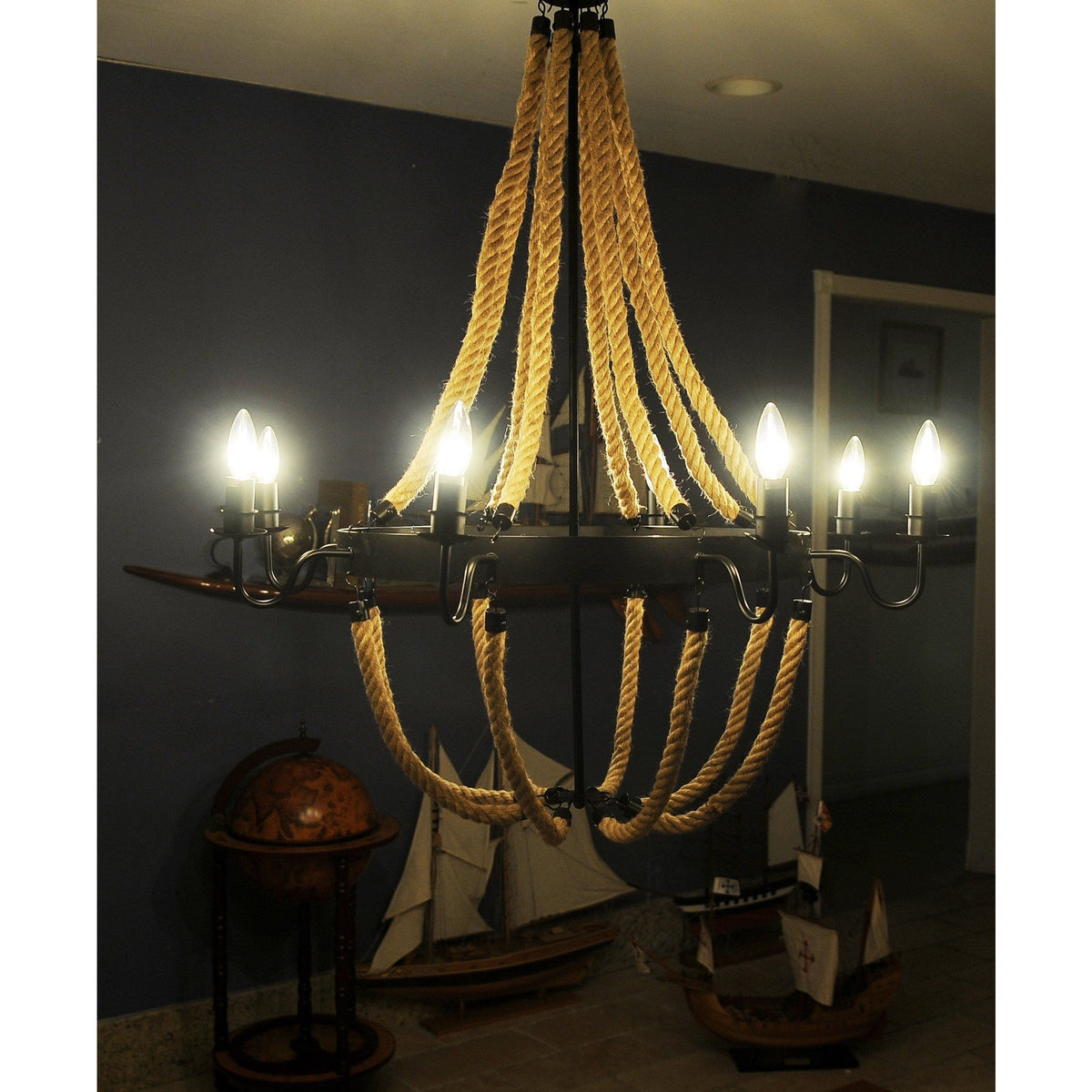 Rustic Iron Metal and Rope Chandelier,chandelier,Adley & Company Inc.