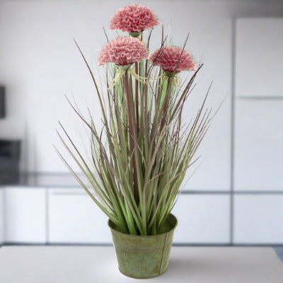 Calming Pink Mums Artificial Grass Plant, Set of 2