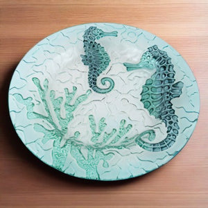 Blue Seahorses Glass Round Plates, Set of 2