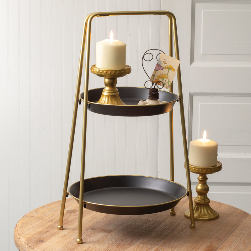 Two-Tiered Black and Gold Metal Round Tray,tiered stand,Adley & Company Inc.