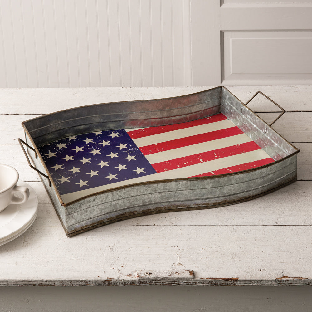 American Flag Galvanized Metal Tray,tray,Adley & Company Inc.