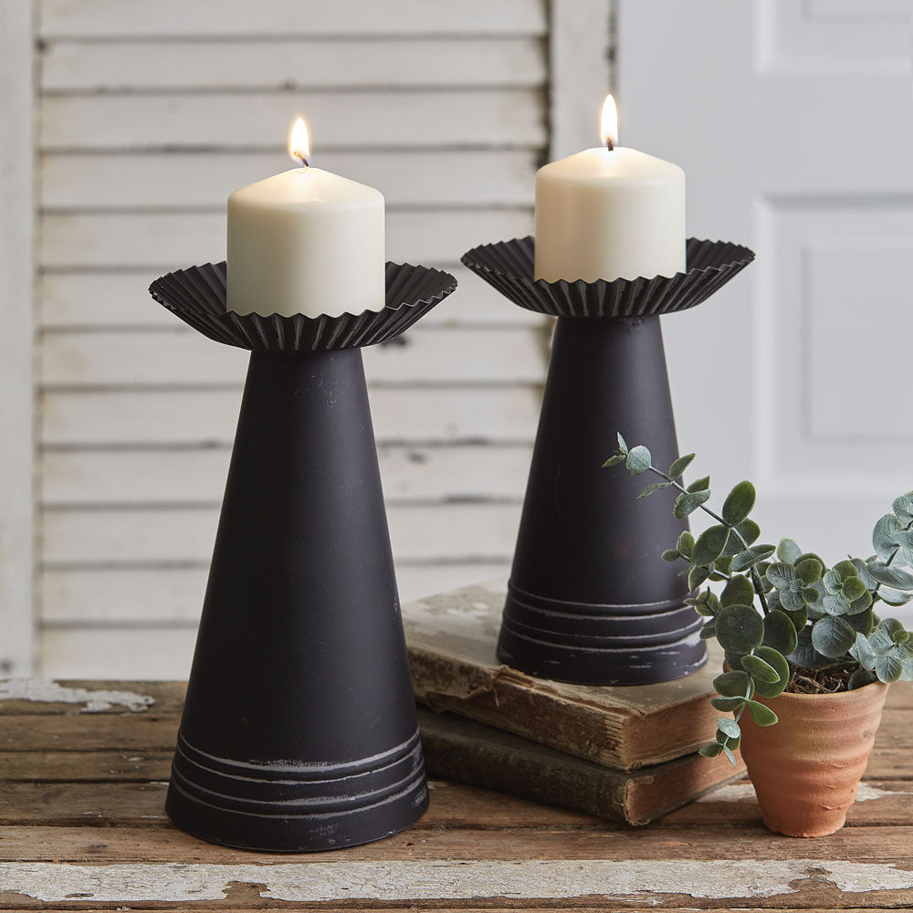 Set of 2 Black Metal Pillar Candle Holders