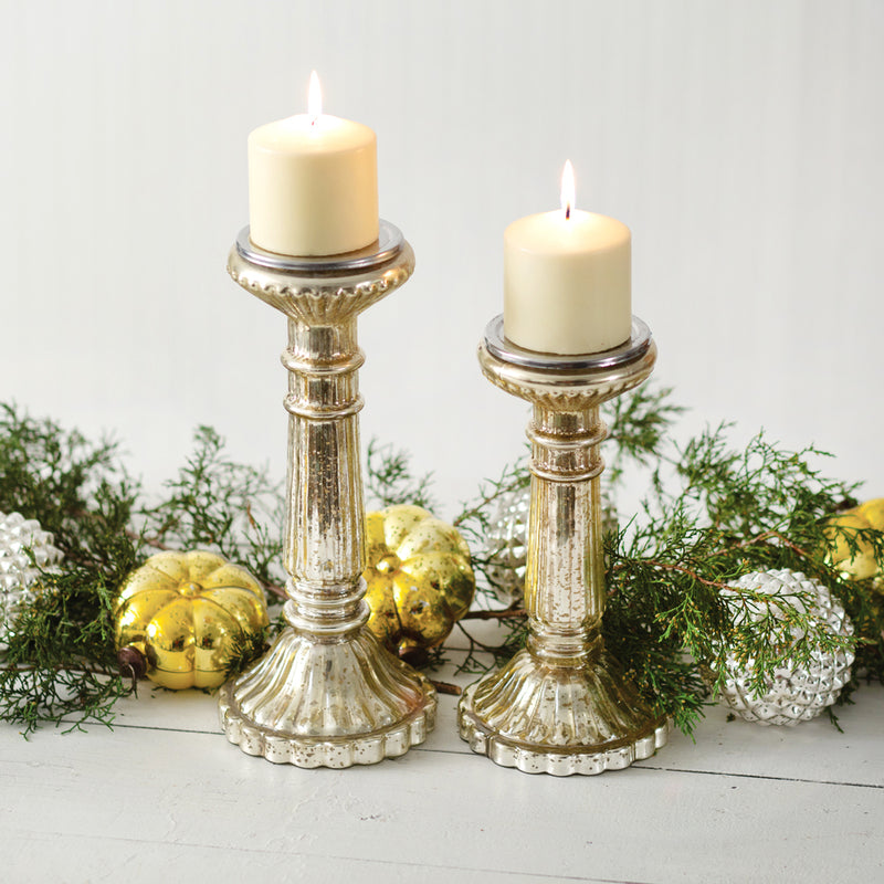 Set of Two Mercury Glass Pillar Candle Holders