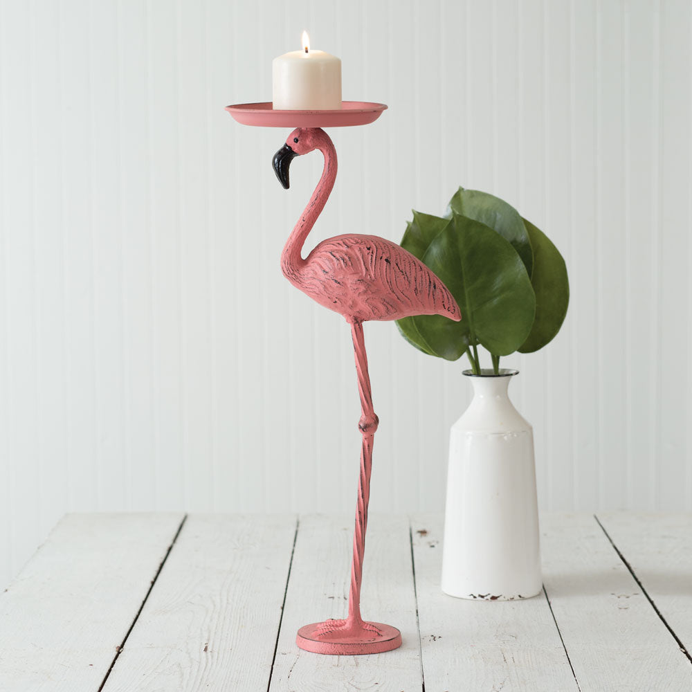 Pink Flamingo Metal Pillar Candle Holder