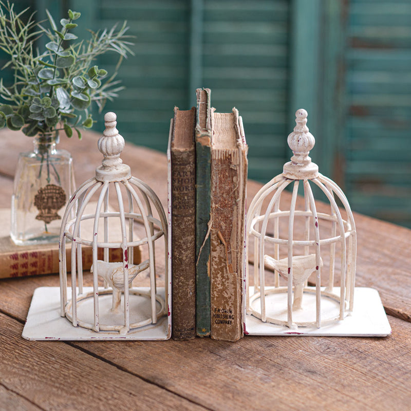 White Metal Birdcage Bookends