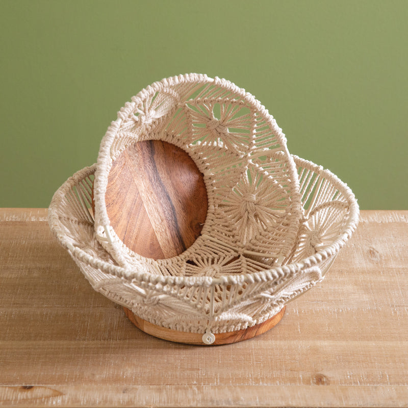 Set of 2 Macrame and Wood Boho Decorative Bowls