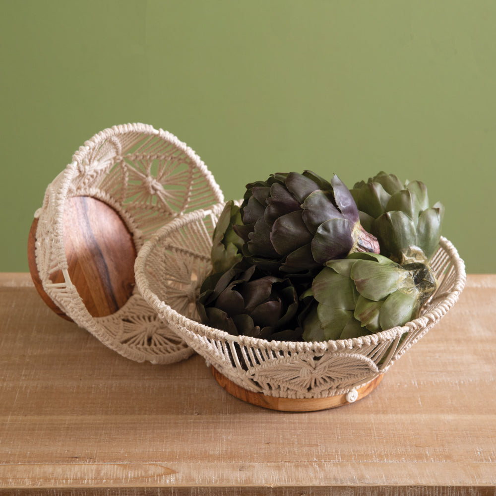 Set of 2 Macrame and Wood Boho Decorative Bowls