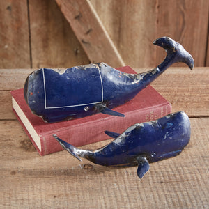 Blue Metal Whale Sculptures, Set of 2