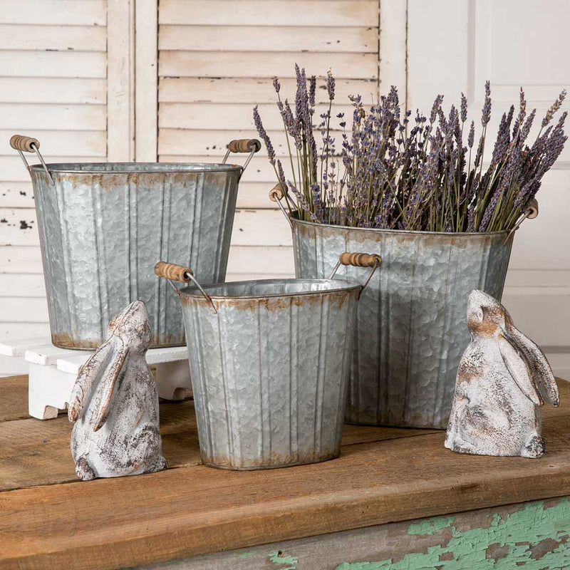 Set of Three Tapered Oval Pails with Wood Handles,vase,Adley & Company Inc.
