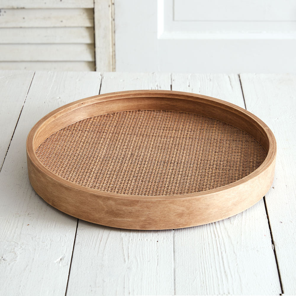 Cane and Wood Round Serving Tray