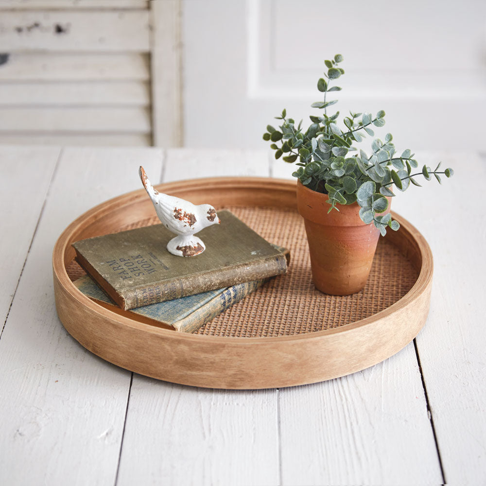 Cane and Wood Round Serving Tray