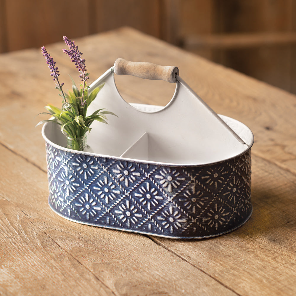 Shasta Blue and White Floral Metal Caddy