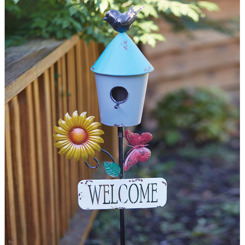 Birdhouse and Welcome Sunflower Garden Stake