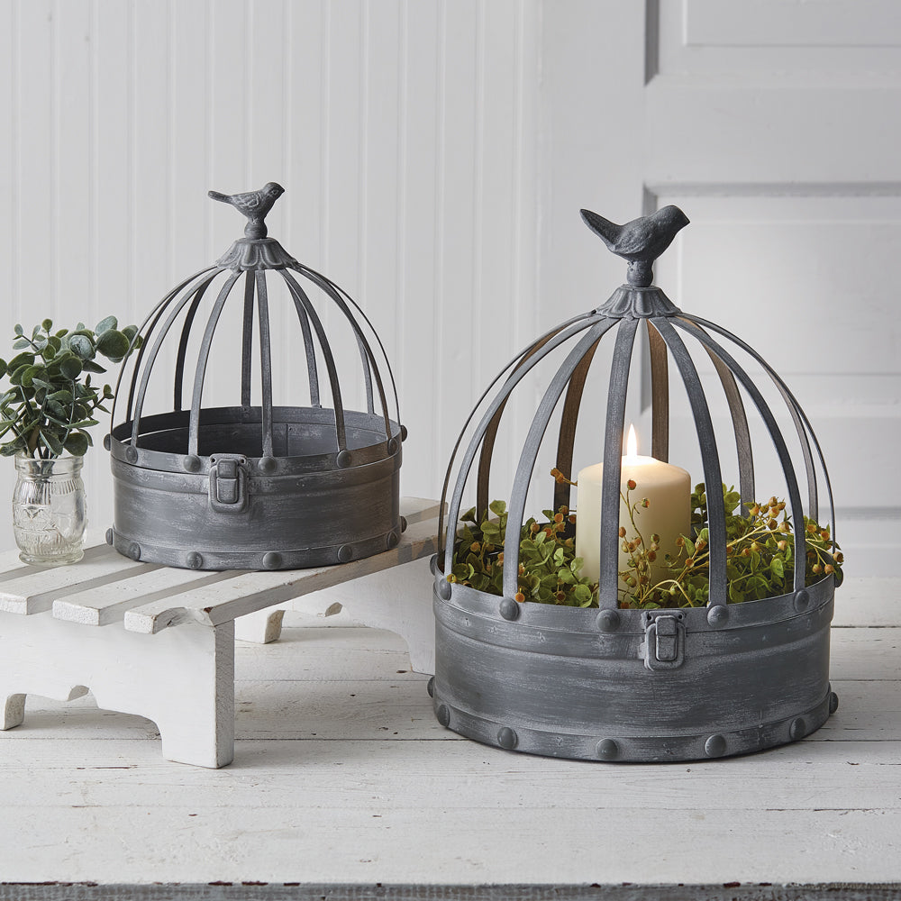 Set of Two Metal Decorative Cloches with Birds