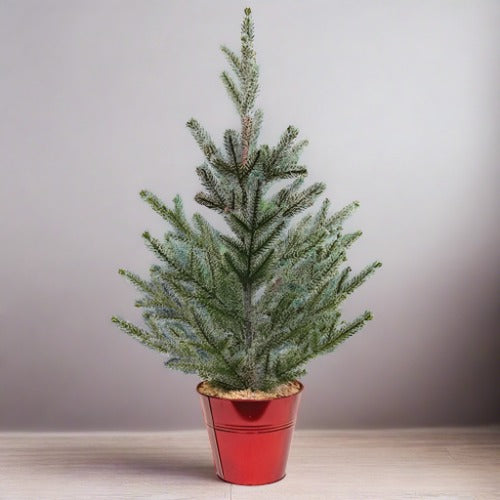 Faux Foliage Christmas Tree with Red Metal Base
