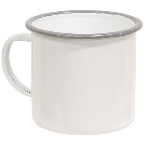 White and Grey Rimmed Enamel Mugs, Set of 4