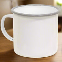White and Grey Rimmed Enamel Mugs, Set of 4
