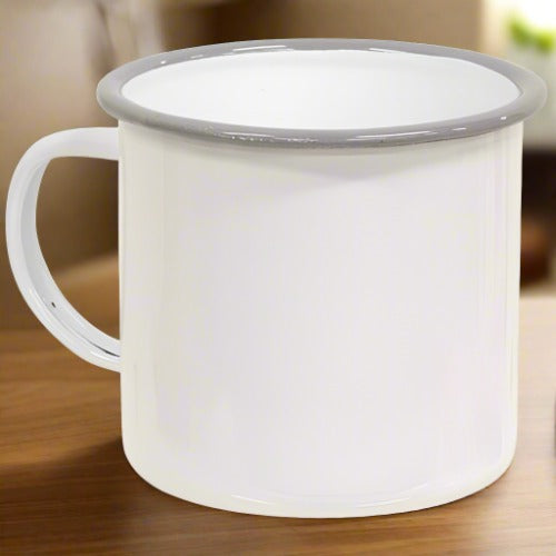 White and Grey Rimmed Enamel Mugs, Set of 4