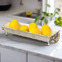 Beachfront White Metal Decorative Tray with Beaded Handles