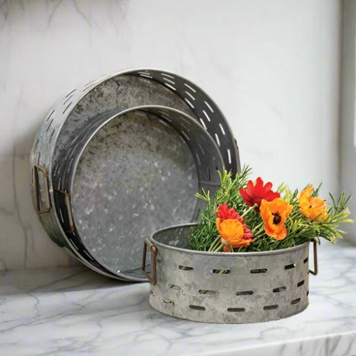 Olive Bucket Style Metal Trays, Set of 3