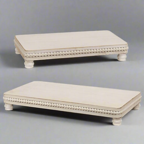 Beaded Aged White Wooden Risers, Platters, Set of 2