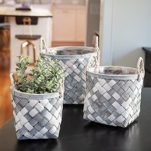Woven Wooden Baskets in Grey and White, Set of 3
