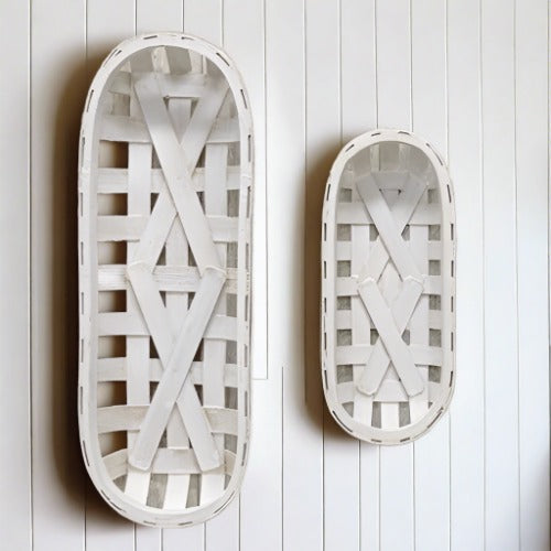 Set of 2 White Oval Woven Wooden Baskets