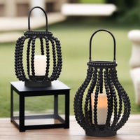 Wood Beaded Sorrento Candle Lanterns in Black