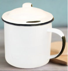 White & Black Enamelware Mugs with Matching Lids, Set of 4