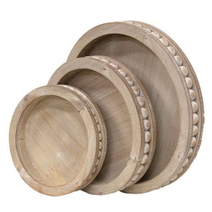 Coastal White Wood Beaded Round Trays, Set of 3
