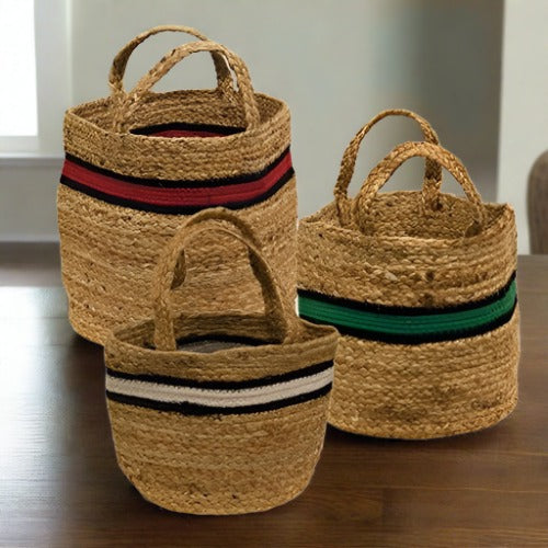 Set of 3 Bold Striped Jute Baskets