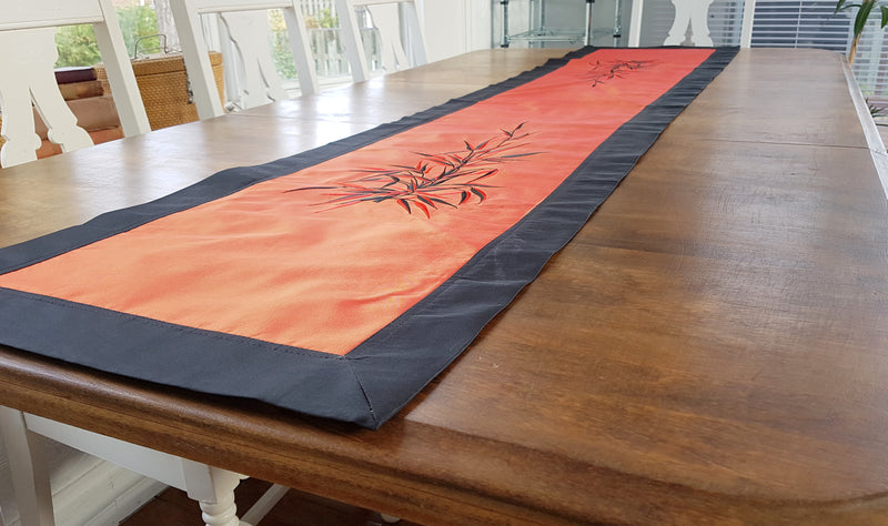 Black & Orange Silk Embroidered Table Runner,table runner,Adley & Company Inc.