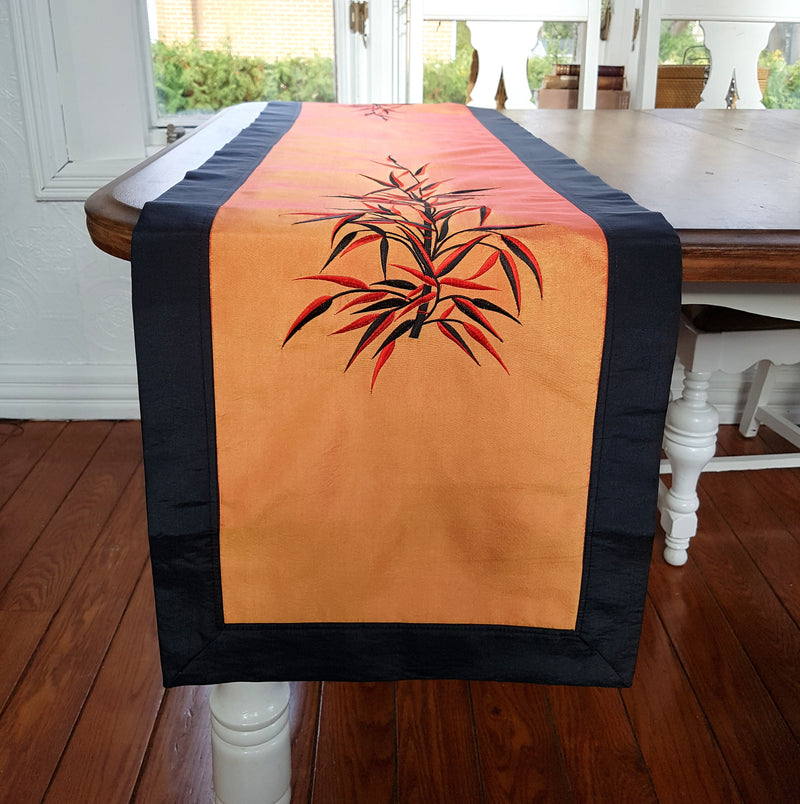 Black & Orange Silk Embroidered Table Runner,table runner,Adley & Company Inc.