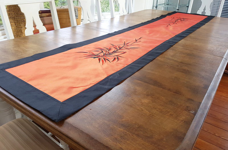 Black & Orange Silk Embroidered Table Runner,table runner,Adley & Company Inc.