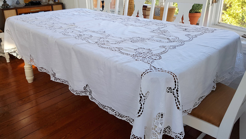 Vintage White Linen Hand Crocheted Table Cloth | Adley and Company