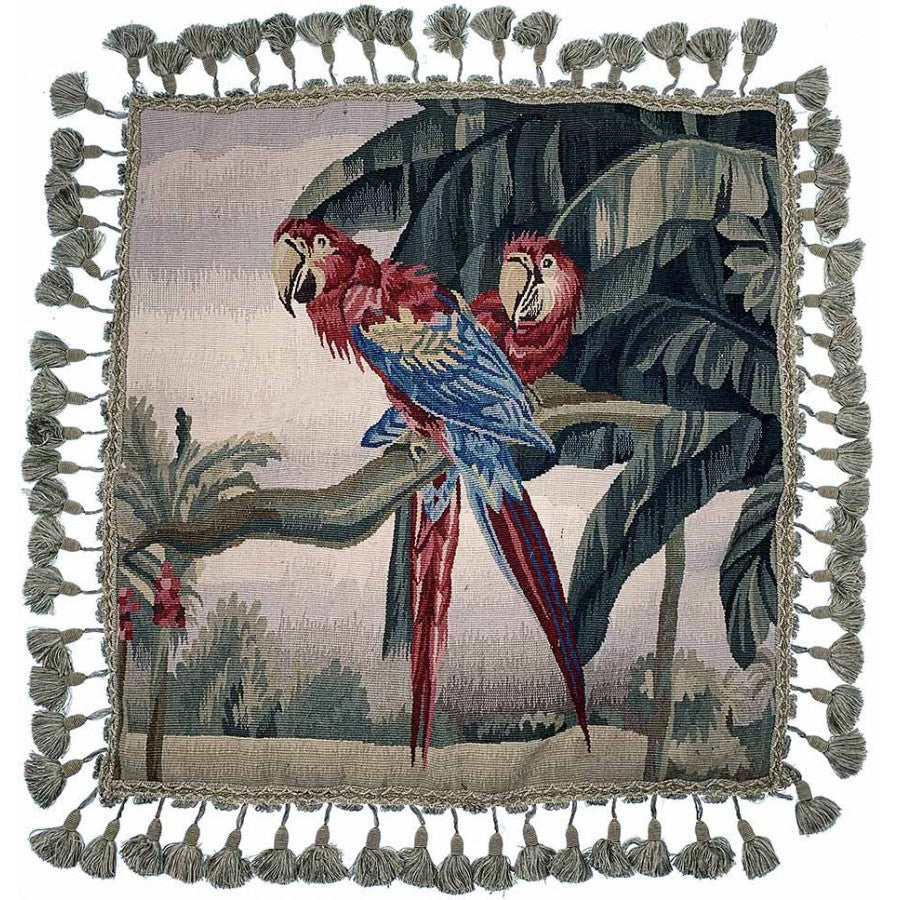 Hand Woven Aubusson Pillow with Tropical Parrots,accent cushion,Adley & Company Inc.