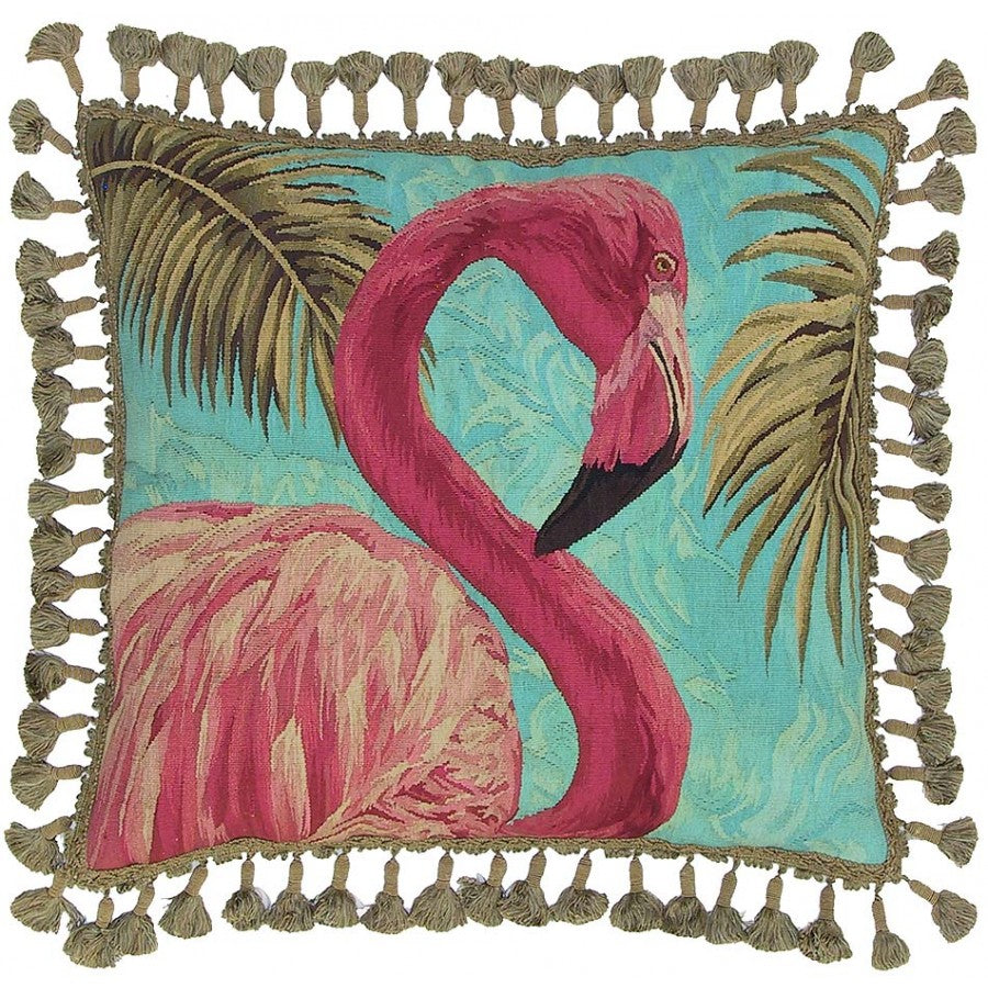 Pink Flamingo Aubusson Hand Woven Tapestry Accent Cushion,throw pillow,Adley & Company Inc.