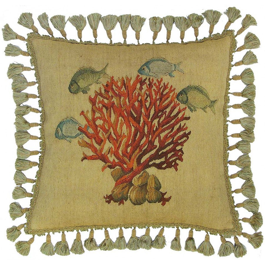 Coral Aubusson Hand Woven Tapestry Accent Cushion,throw pillow,Adley & Company Inc.