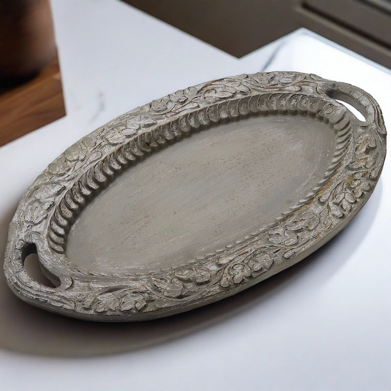 Hand Carved Wood Decorative Tray in Grey and White - Adley & Company Inc. 