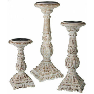 White Carved Wood Pillar Candle Holders,candle holder,Adley & Company Inc.