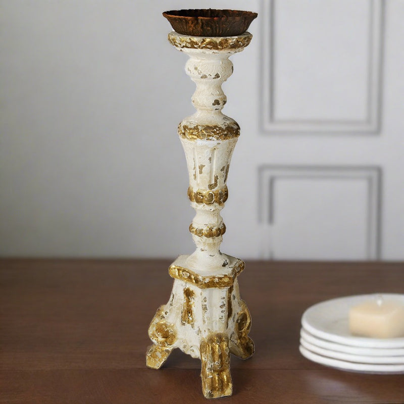 Pierrefonds White and Gold Carved Wood Candle Holder