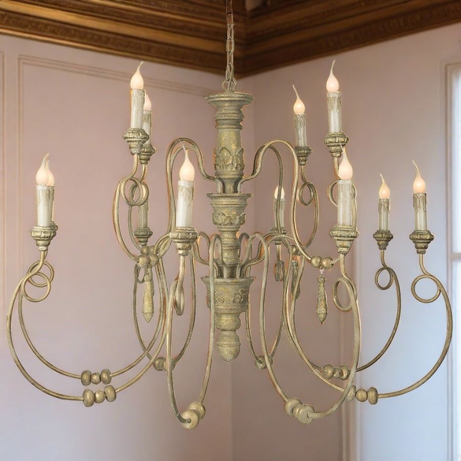 Gold Wood Carved Antique Style Chandelier, 12 Lights