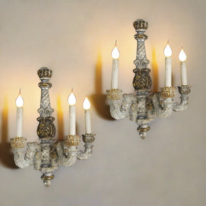 Antiqued Carved Wood Sconce Light, Set of 2