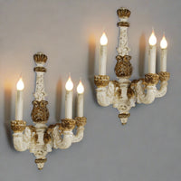 Antiqued Carved White and Gold Wood Sconce Light, Set of 2