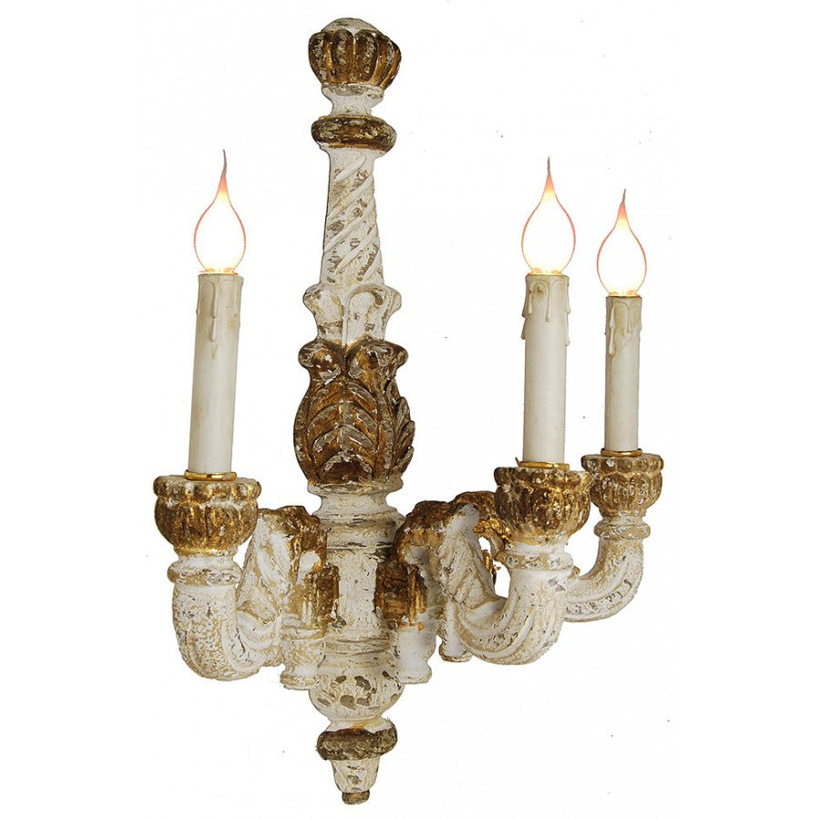 Antiqued Carved White and Gold Wood Sconce Light, Set of 2
